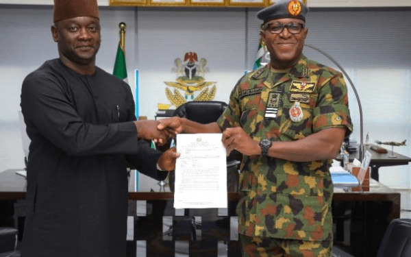 Chief of the Air Staff, CAS Air Marshal Hasan Abubakar has received the documents for 43.746 hectares of land allocated to the Force by the Kaduna State Government. The documents were handed over to the CAS in a brief ceremony held at NAF Headquarters by the Administrator of the Kaduna Capital Territory Authority (KCTA), Sam Aruwan, who represented the Governor of Kaduna State, Mallam Uba Sani. A elated CAS expressed his gratitude to Governor Uba and the good people of Kaduna State for the kind gesture which symbolized the enduring and harmonious relationship between the NAF and Kaduna State, dating back to the 1960s. Air Marshal Abubakar also noted that Kaduna State, being home to NAF’s premier Base, remained home to the NAF and its personnel, serving and retired, irrespective of their states of origin. He assured that the land would be put to good use for the development of affordable Post-service Housing Estates that would mostly benefit NAF Senior Commissioned and Non-Commissioned Officers. Speaking further, Air Marshal Abubakar said that “under his leadership, the NAF remains committed to the well-being of its personnel bearing in mind that the operational successes of the NAF are majorly hinged on a highly motivated force.” According to the CAS, “The most valuable resource that the NAF possesses is its personnel and without well-motivated and dedicated personnel, the most sophisticated weapon system will be ineffective.” He also added that the plan to develop the allocated land for the development of affordable houses for NAF personnel aptly aligns with one of the key enablers of his Command Philosophy of maintaining a highly motivated force by strengthening both welfare and infrastructure. The allocated 43.746 hectares of land is the first of two approvals expected from the Kaduna State Government. The second approval of another 44.894 hectares is anticipated upon completion of all due processes as outlined by KCTA.